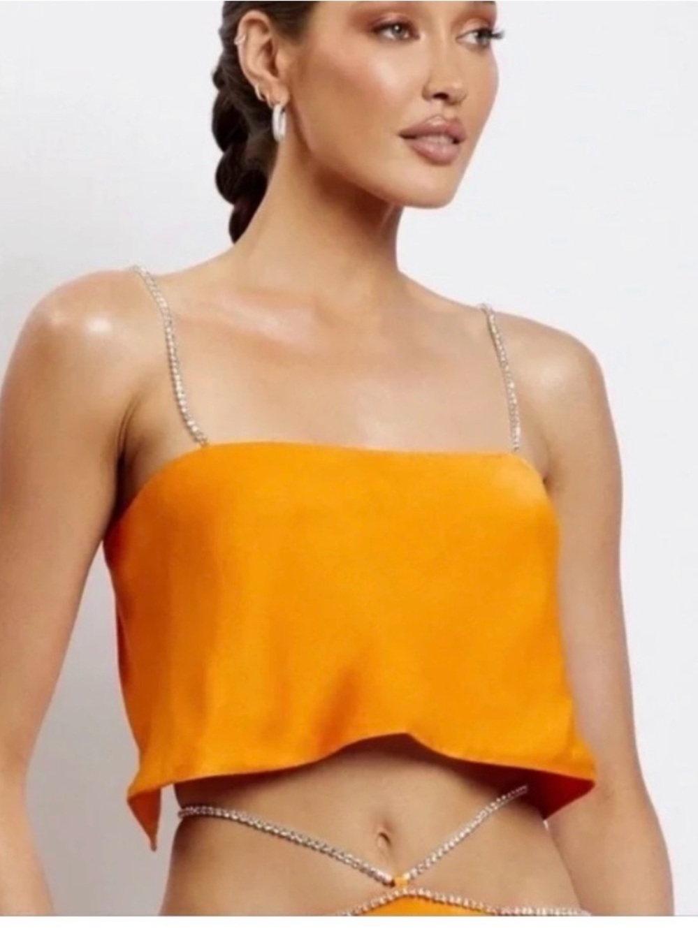 Meshki Orange Satin Rhinestone-Strap Cropped Cami